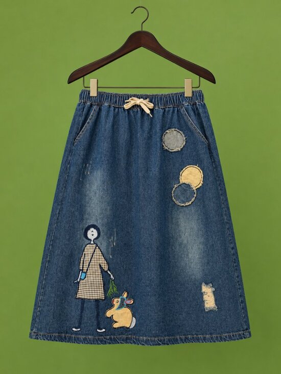 Fanas Venas Dresses & Skirts - Boho Cottagecore Artistic Quirky Denim Midi Skirt with Appliqués Drawstring L